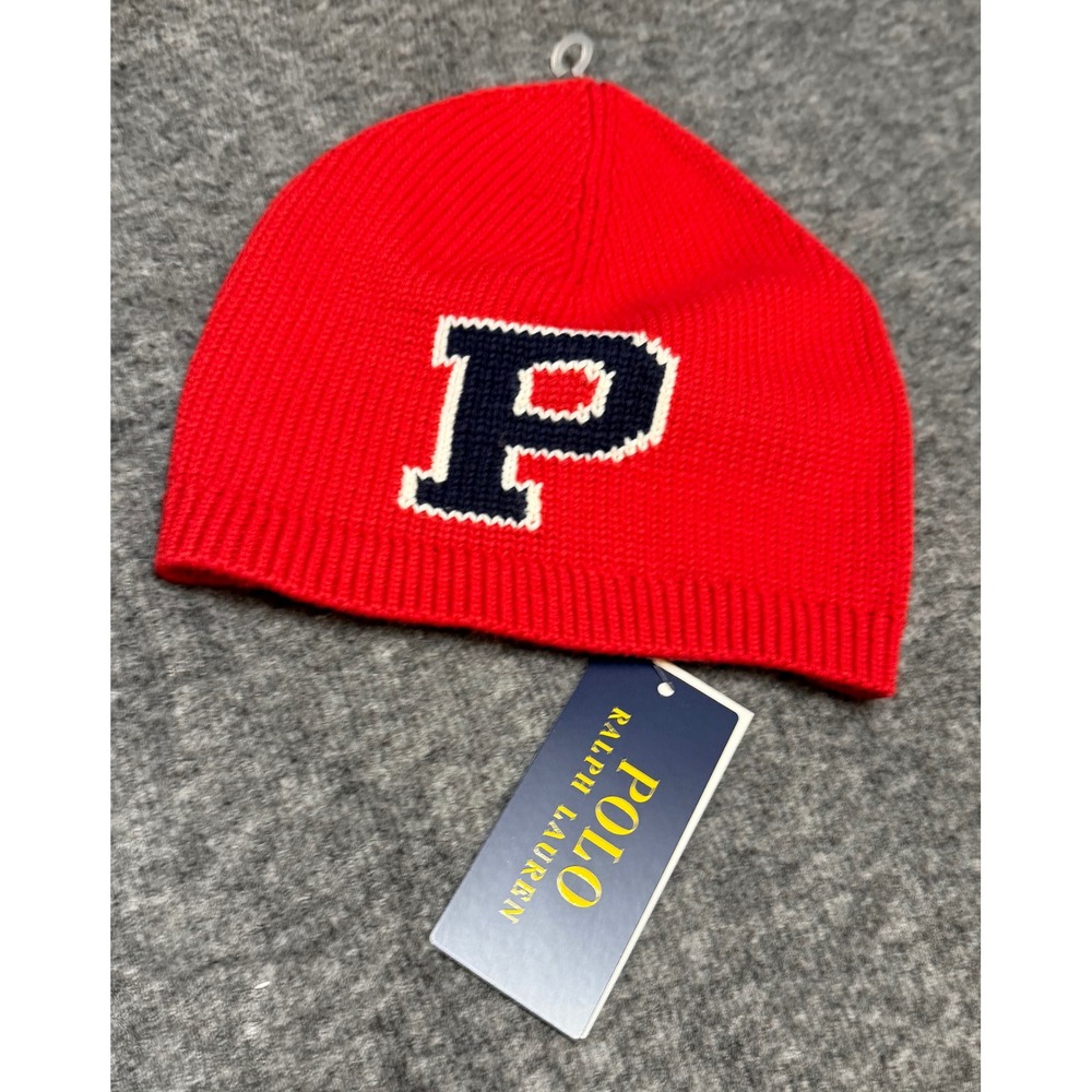 Polo Ralph Lauren Red Knit Beanie Hat Varsity P Logo Winter Cap S/M NEW